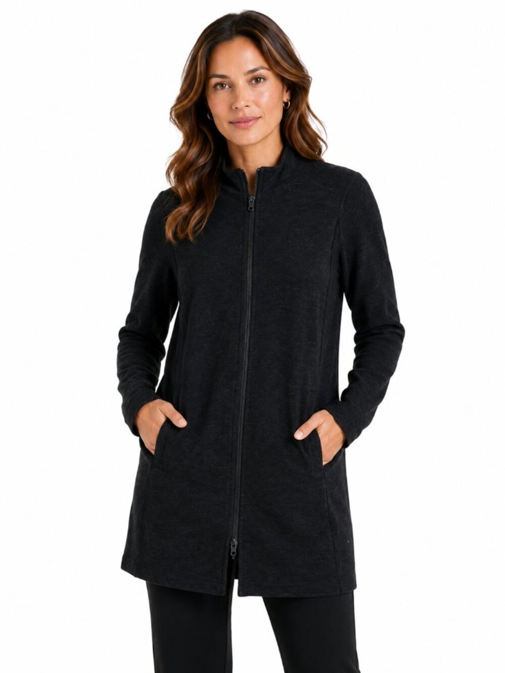EILEEN FISHER Black Organic Cotton Blend Longline Double Zip Jacket Pockets XS